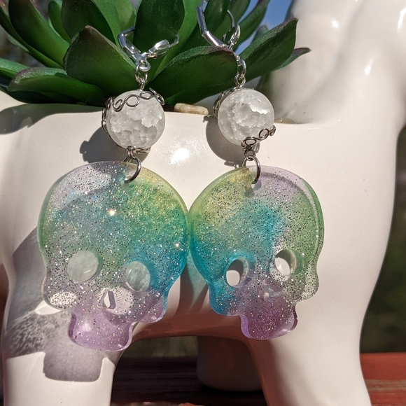 QUARTZ Crystals Earrings Handmade Wire Wrapped Pastel Sparkly Rainbow Cute - Picture 5 of 9